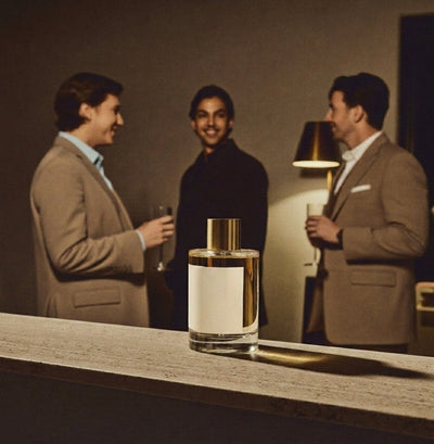 A gold bottle on a travertine bar with three guests in conversation under lamplight behind