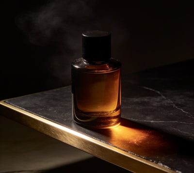An amber bottle lit from one side on a dark marble and brass ledge