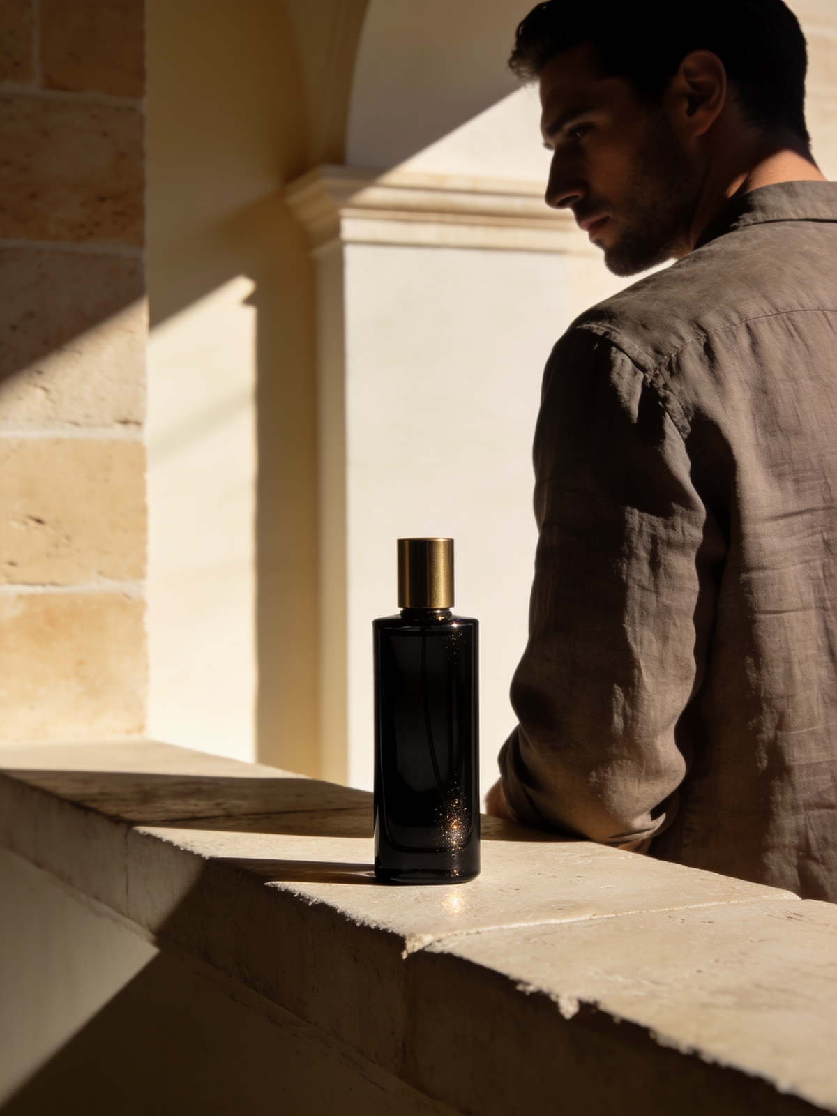 A man in a linen shirt beside a dark fragrance bottle on a sunlit travertine ledge
