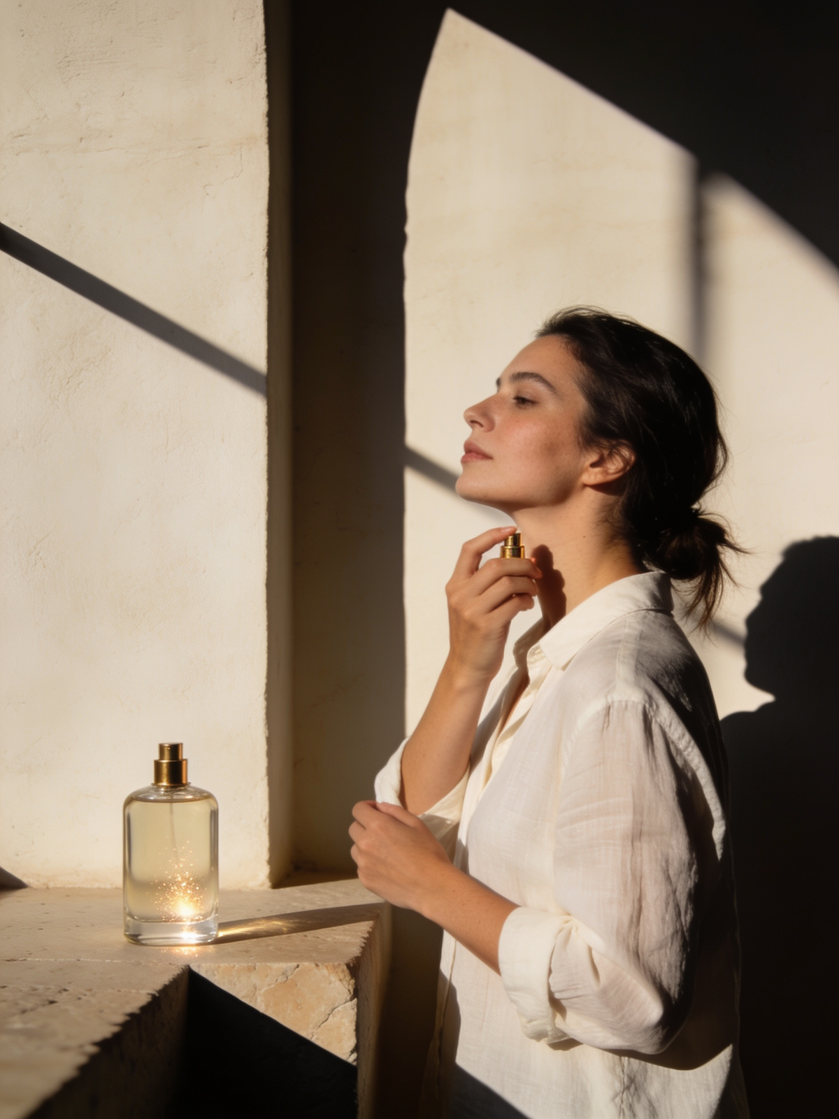 A woman applying fragrance at her neck in warm directional light, a clear bottle on the ledge beside her