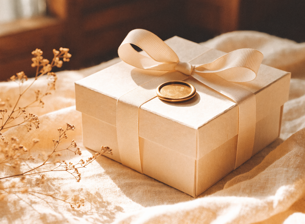 Ivory gift box tied with cream ribbon beside dry botanical stems
