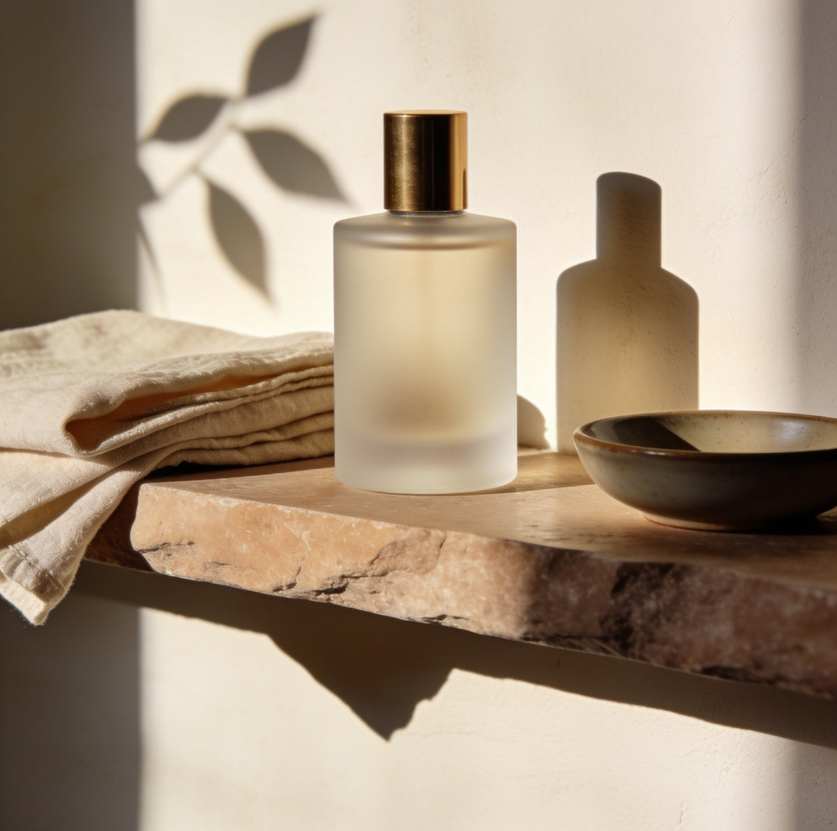A frosted bottle with a brass cap on a stone shelf with folded linen, leaf shadows on the wall behind