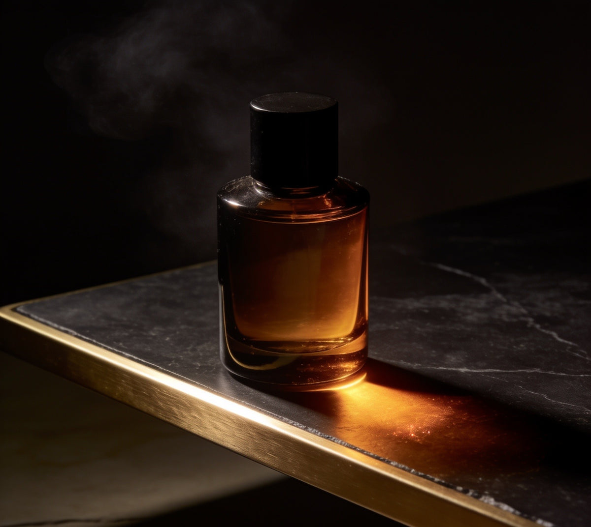 An amber bottle lit from one side on a dark marble and brass ledge