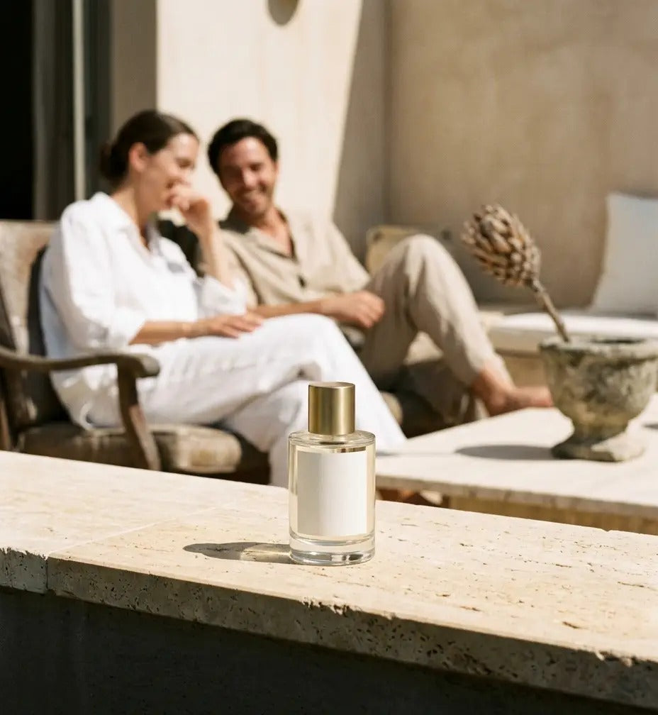 A clear bottle on a sunlit travertine ledge with two people resting in linen on a terrace behind