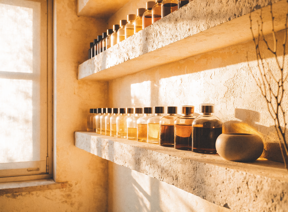 Limestone shelves of perfume bottles in a warm sunlit interior